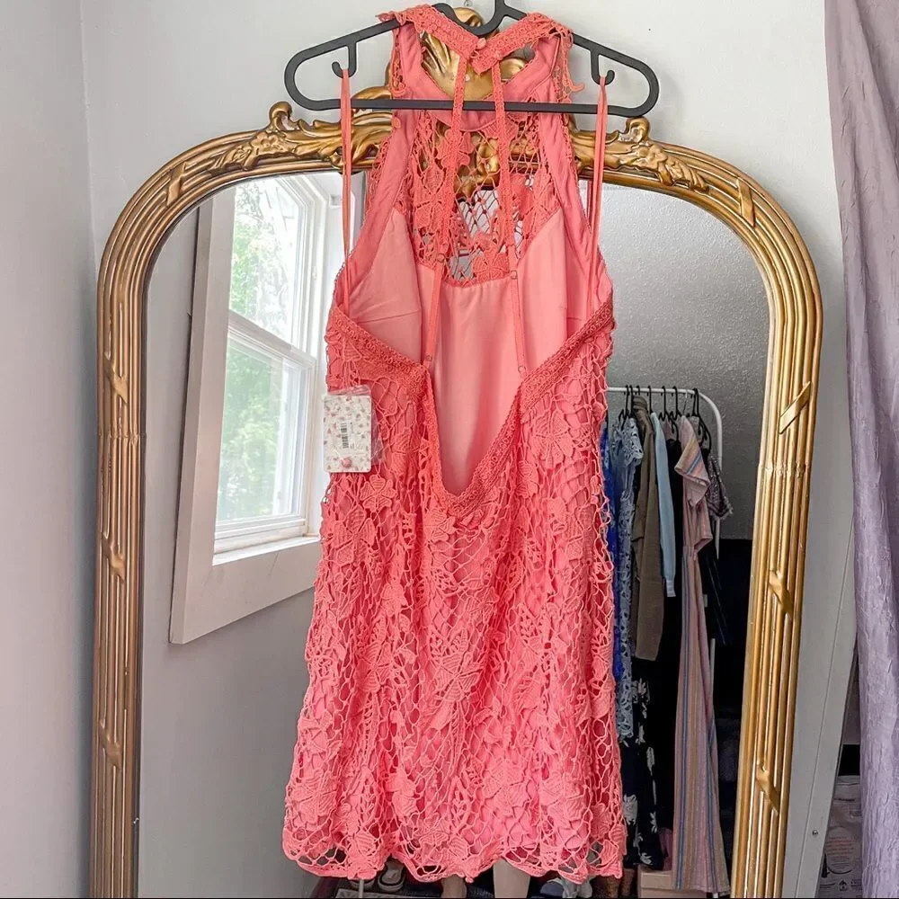 Free People Snowdrop Lace Halter Trapeze Mini Dress Coral L